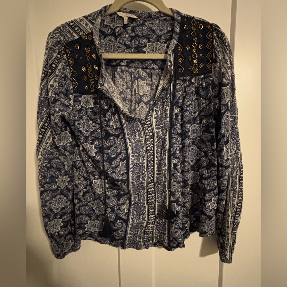 Lucky Brand Blue and White printed shirt with beading detailing